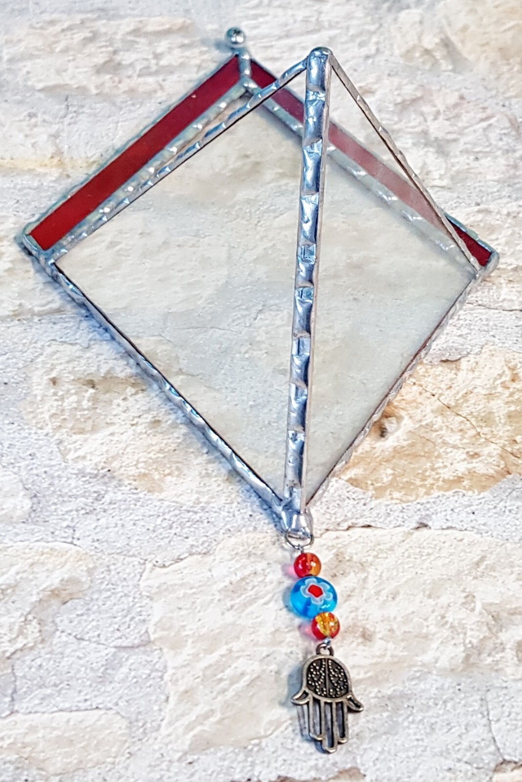 Transparent Terrarium in Shaped of Diamond Stained Glass with Red frame