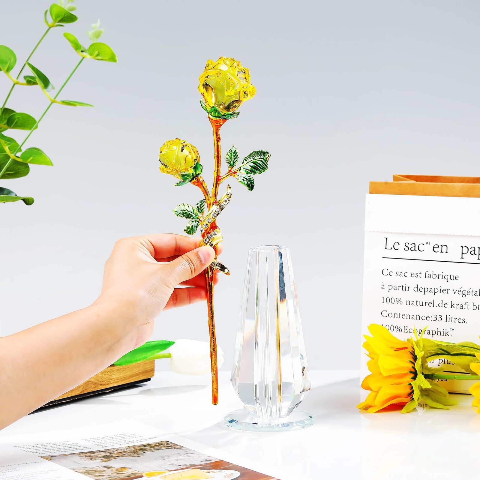 YWHL Handmade Yellow Rose Flower Crystal Figurine with Vase, Bouquet Glass Fl…