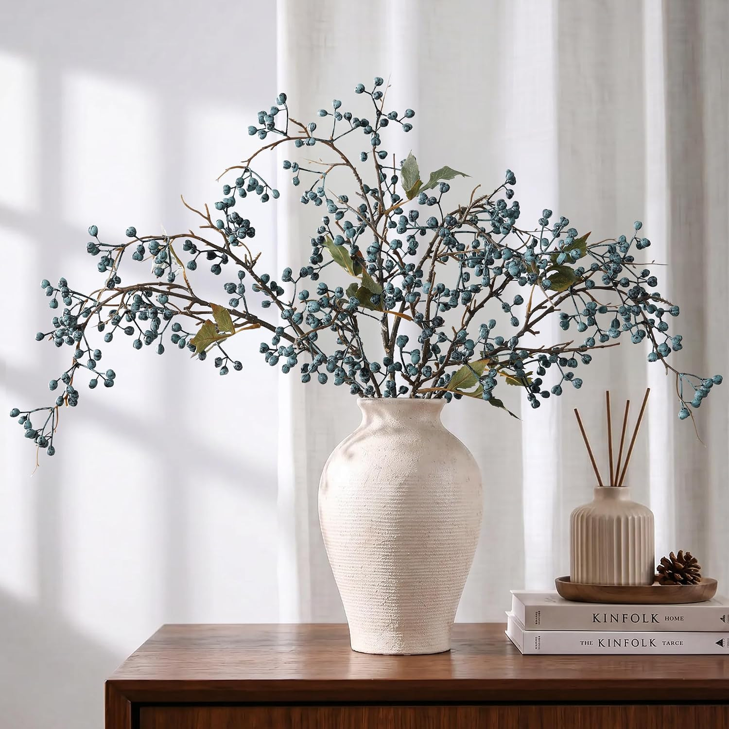 HyeFlora 4 Pcs Artificial Blueberry Stems, 32 Inch, Dual Blue Rose | Faux Berry
