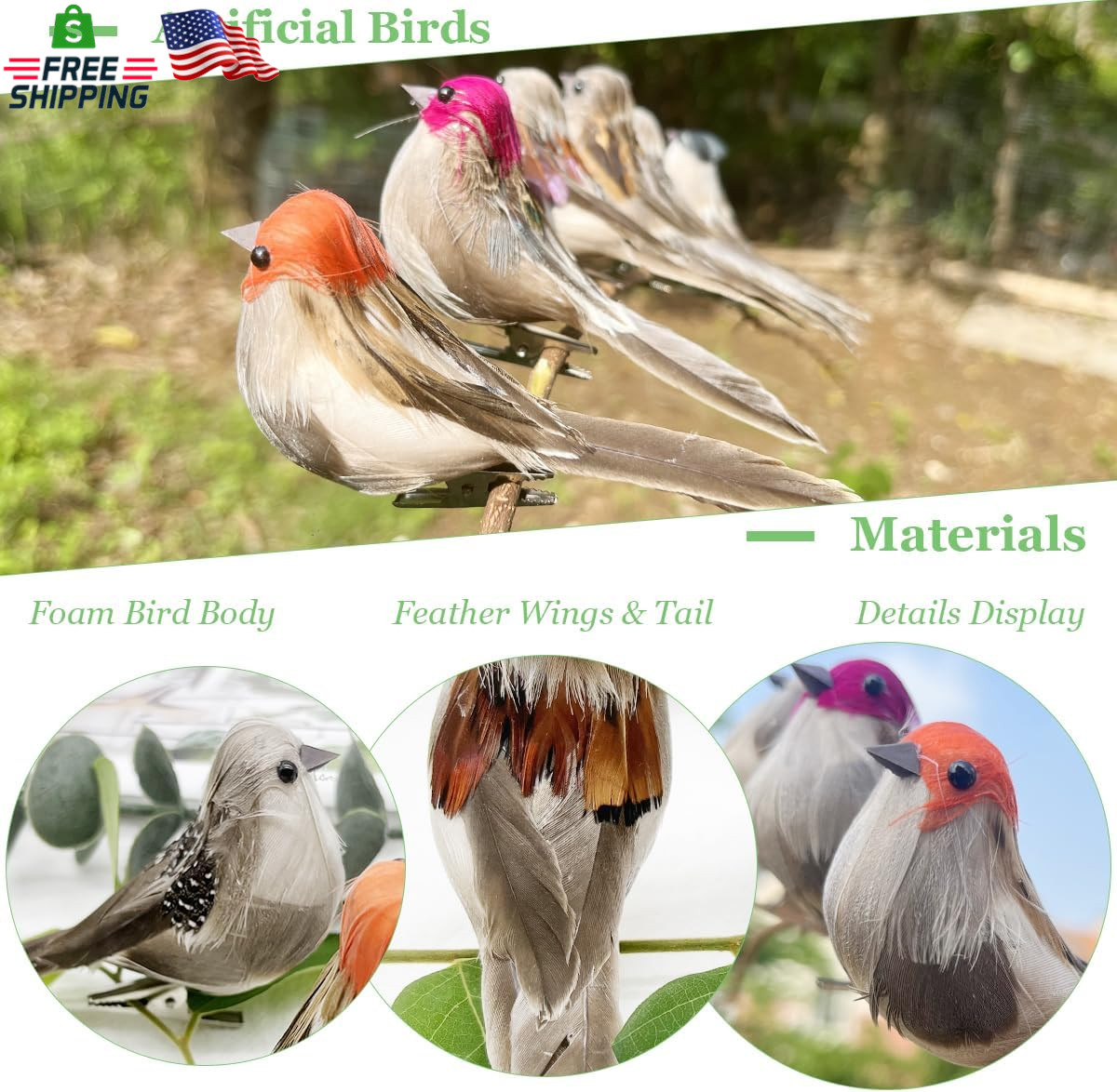 LWINGFLYER 6PCS Decorative Artificial Birds Clip on Realistic Sparrow 4Inch Foam