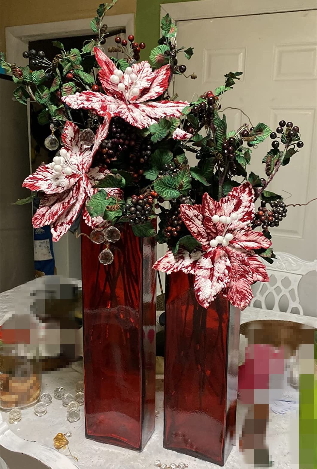 6 PCS Large Red White Christmas Poinsettia Picks Tree Glitter Flowers Decor