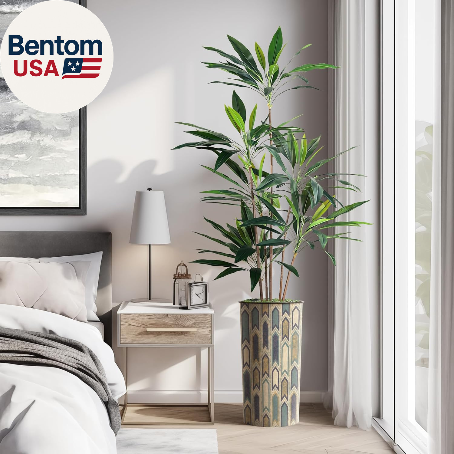 Artificial Tree in Modern Polygon Pattern Effect Planter, Fake Dracaena Tree Sil