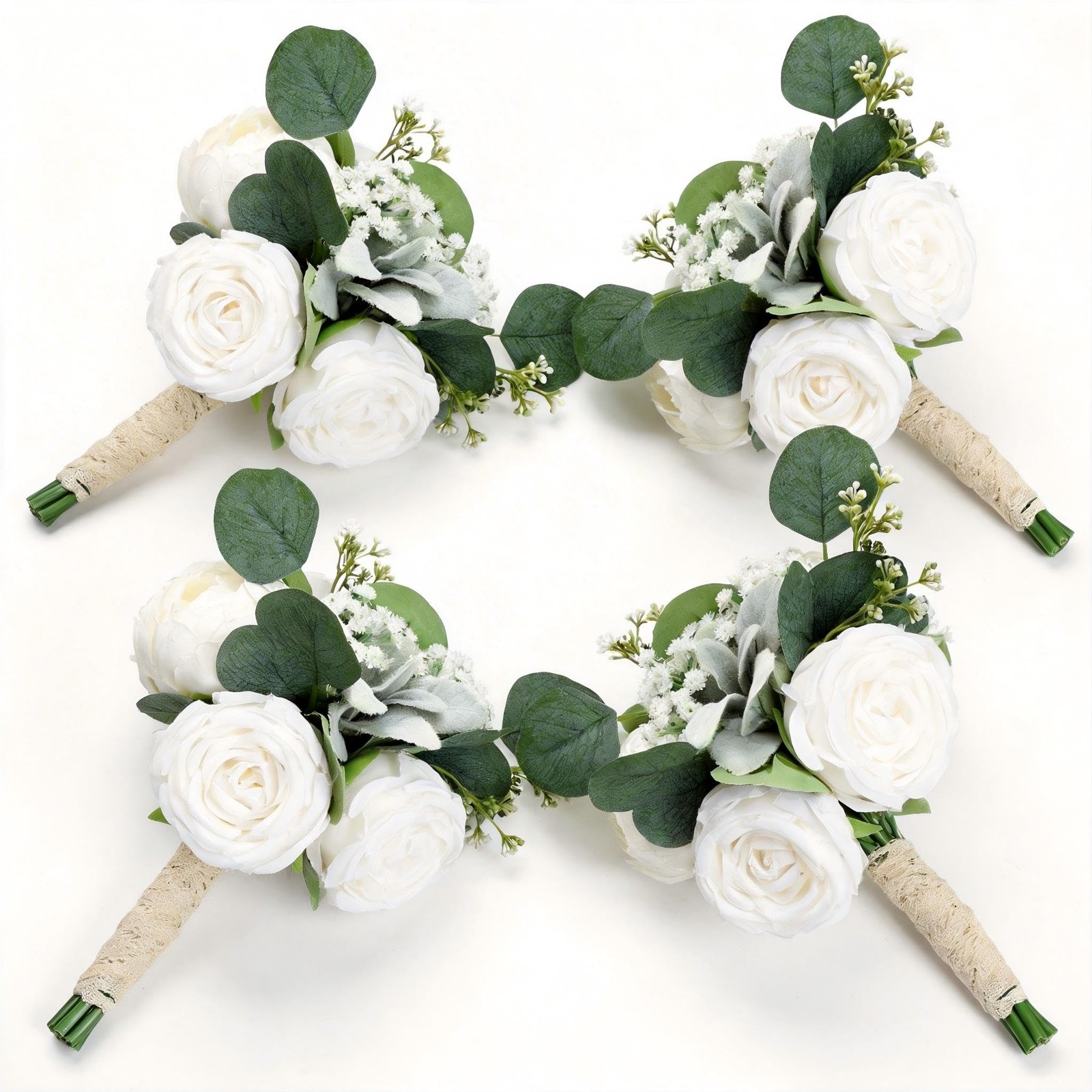 4 PCS Ivory White Peonies & Rose Bridesmaid Bouquets Wedding Decor