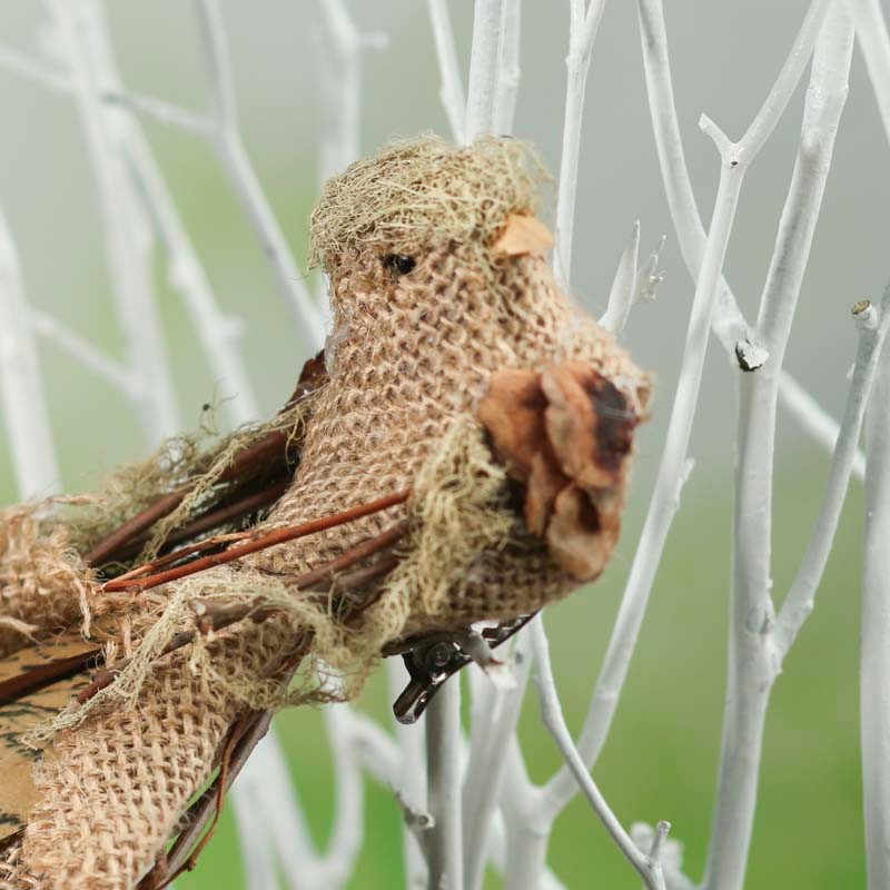 Set of 4 Natural Burlap Woodland Artificial 7-1/2″ Birds with Alligator Clips