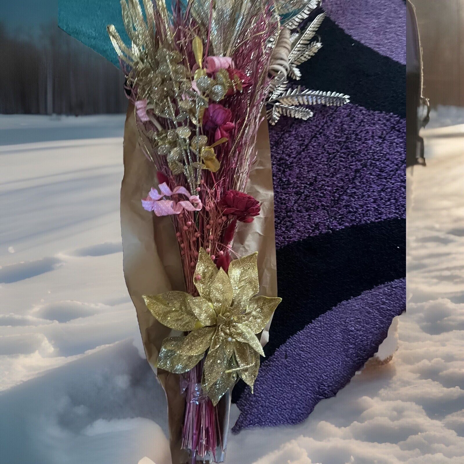 Large vibrant pink and Mauve With Gold floral arrangement, flower arrangement