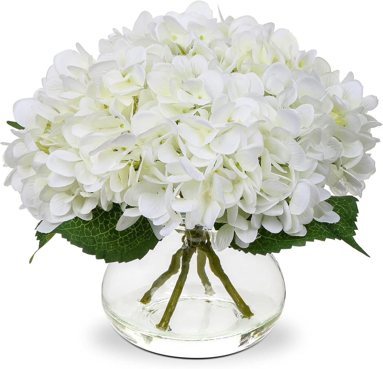 Stylish Artificial Hydrangea Flowers with Faux Water in Elegant Glass Vase – 9″