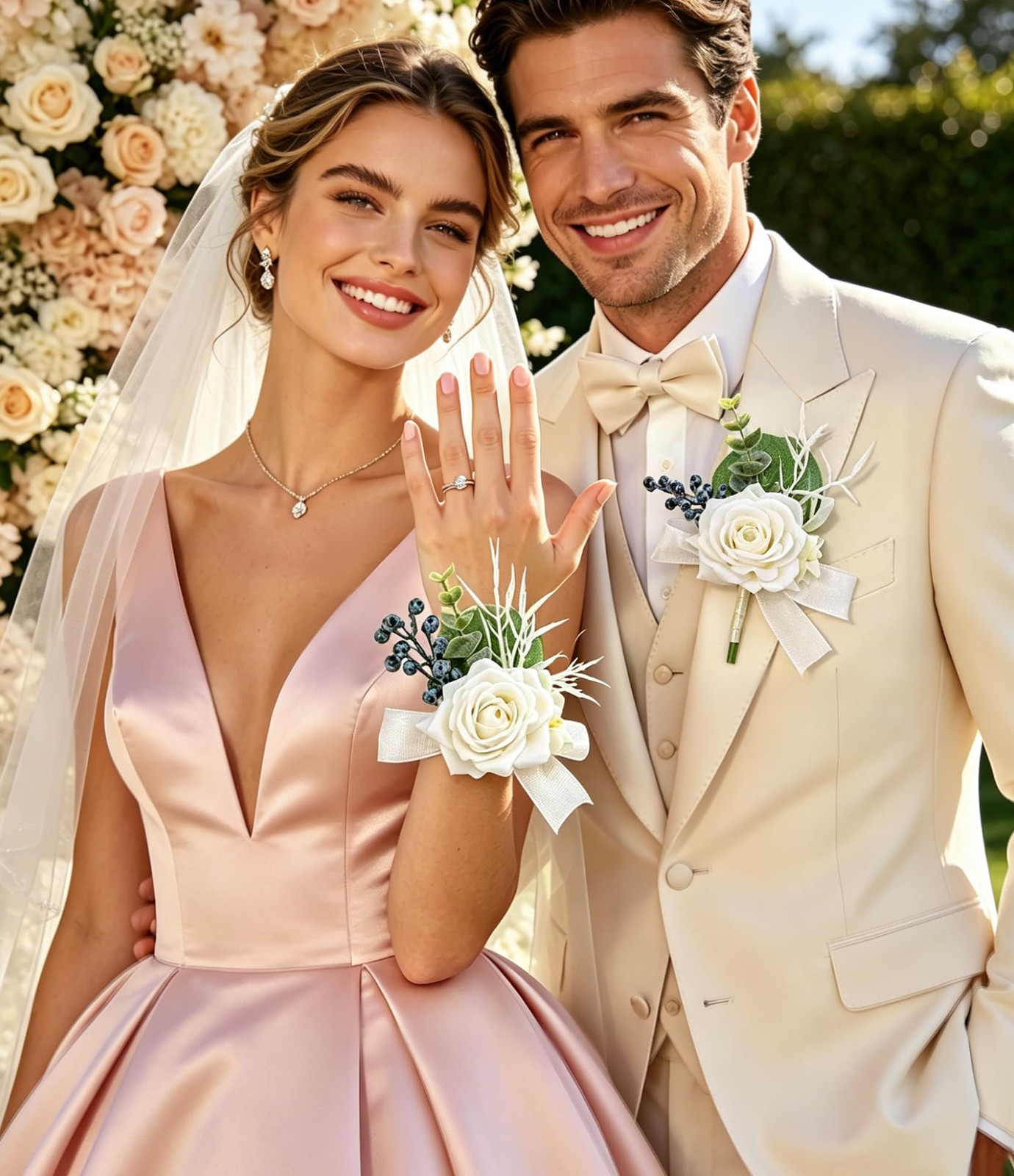 White Artificial Silk Rose Corsage and Boutonniere Set for Prom