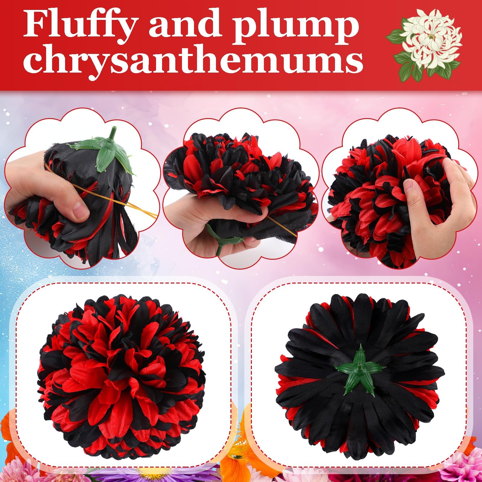 3 PCS Red Black Homecoming Mum Flowers 6.5″ Silk Artificial Flower Kits