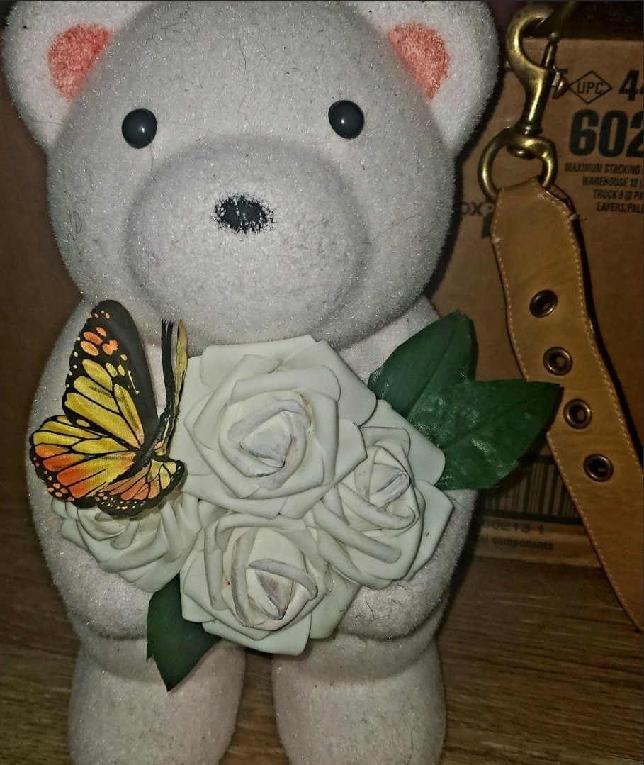 Handmade Foam Floral Bear Decor with White Rose Arrangement and Butterfly