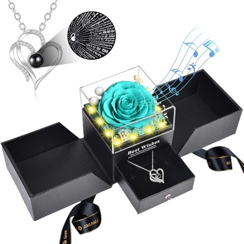 Gifts for Women – Preserved Real Rose with I Love You Heart Negro Blue