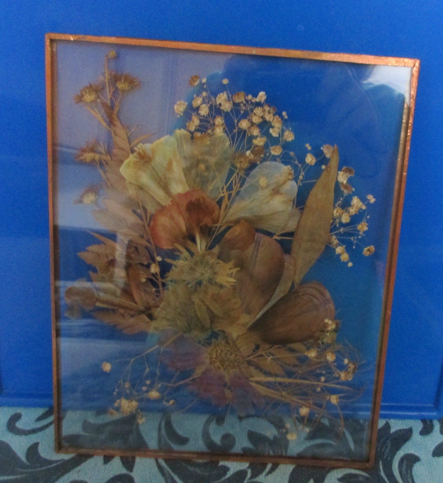 Dried Pressed Wildflowers Arrangement Encased in Glass w/ Thin Copper Boarder