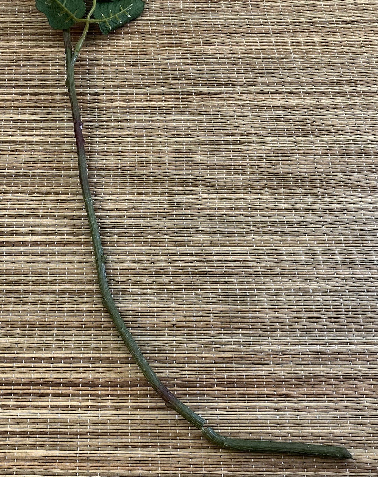 Vintage French 90’s Artificial Pale Green & Pink ROSE Flower w/ Leaves Long Stem