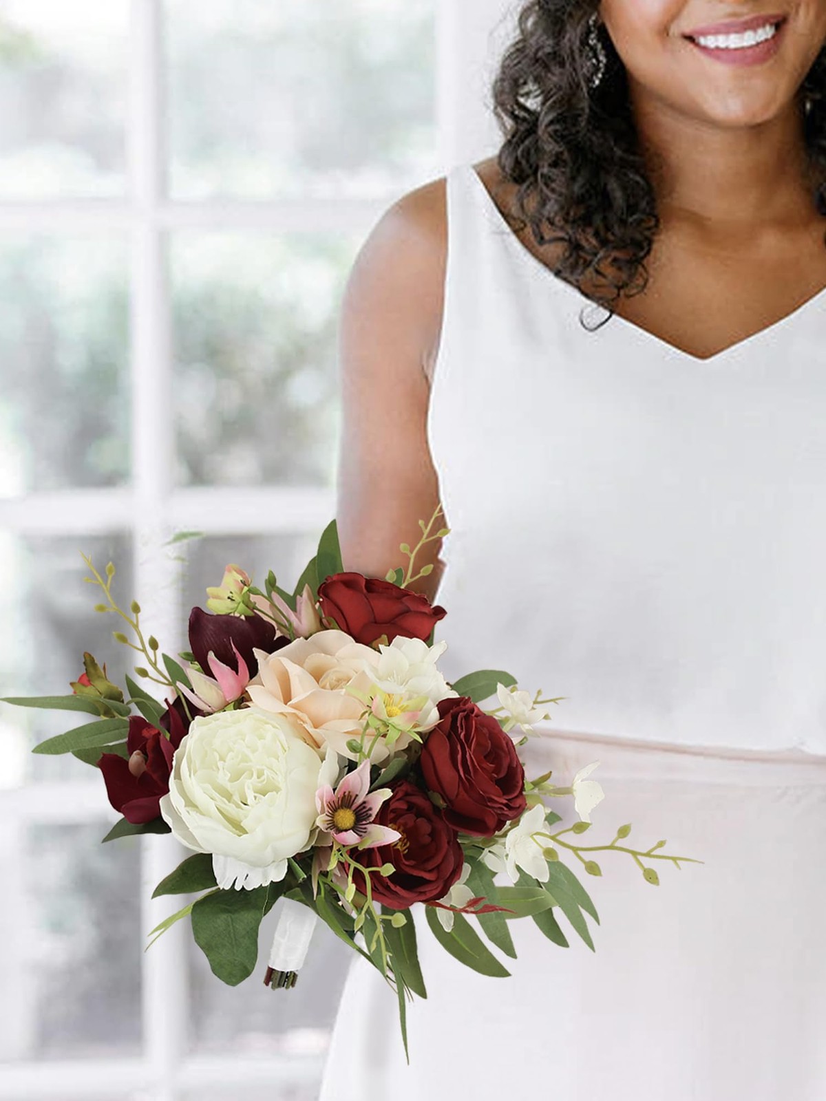 1Pc Fall Wedding Bouquets for Bridesmaids Burgundy Artificial Bridesmaid Bouq…