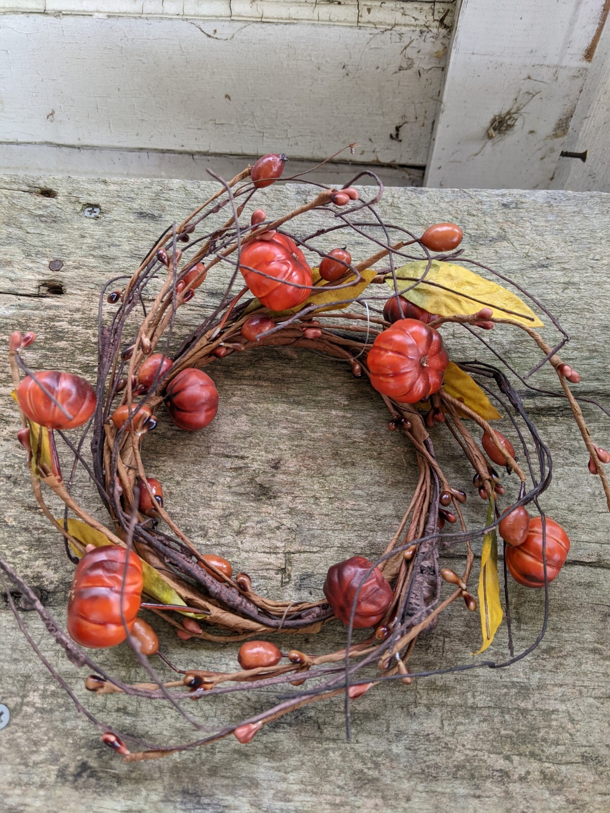 PUMPKIN BERRY CANDLE RING WREATH Pip Leaves Twig Autumn Fall Harvest 9″ x 4..5″