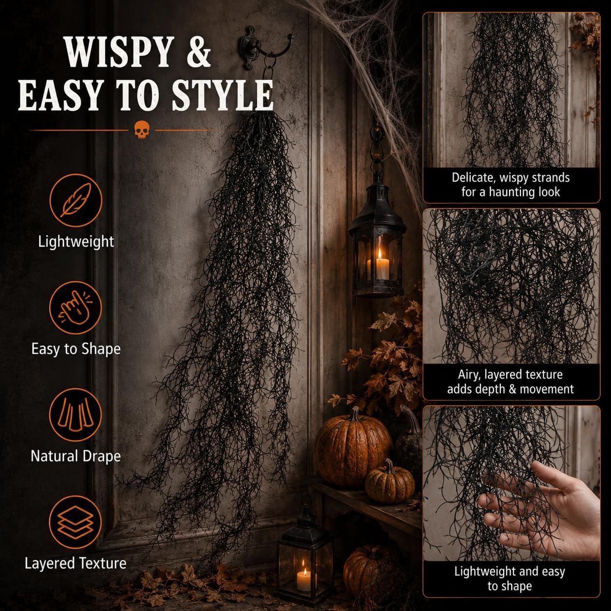 Fake Spanish Moss – 3 PCS Black Halloween Hanging Spanish Moss | 33 Inch Faux Gr