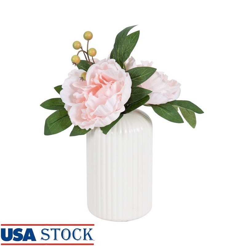 Artificial White Peony Flower Arrangement in Black Ceramic Vase Home Decor Gift