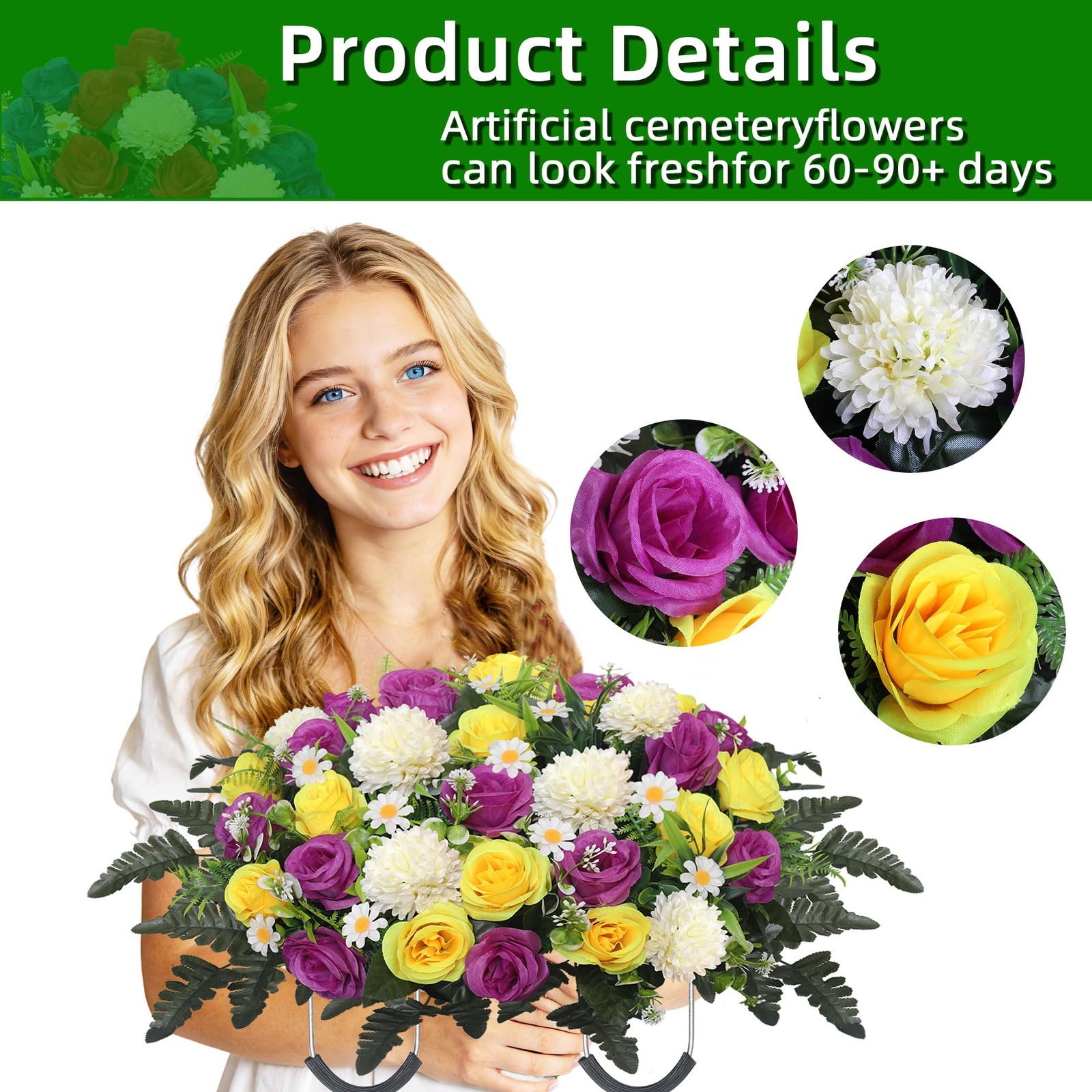 Headstone Flower Saddle,Large Artificial Cemetery Flowers for Grave Roses & C…