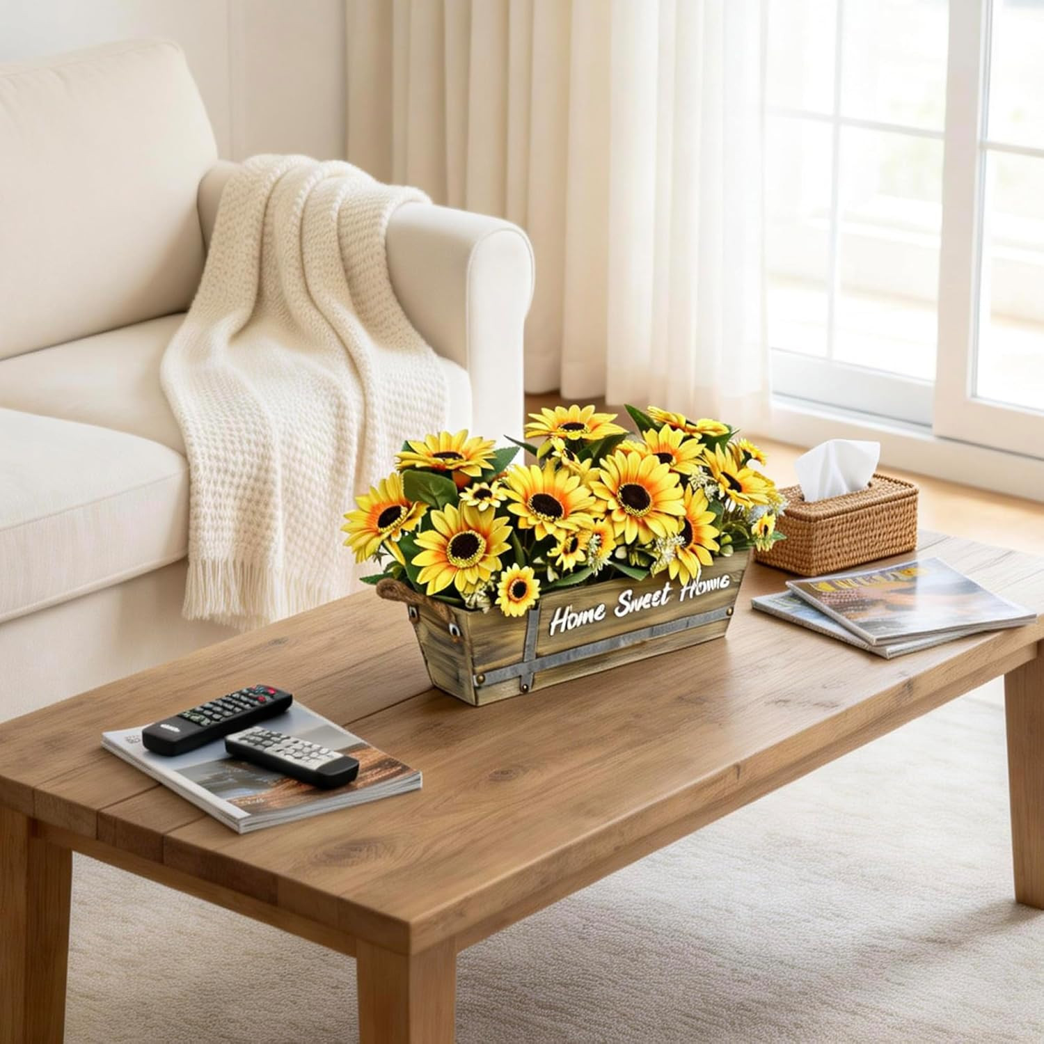 Artificial Sunflower Arrangement in Rustic Wood Box with “Home Sweet Home” Sign,