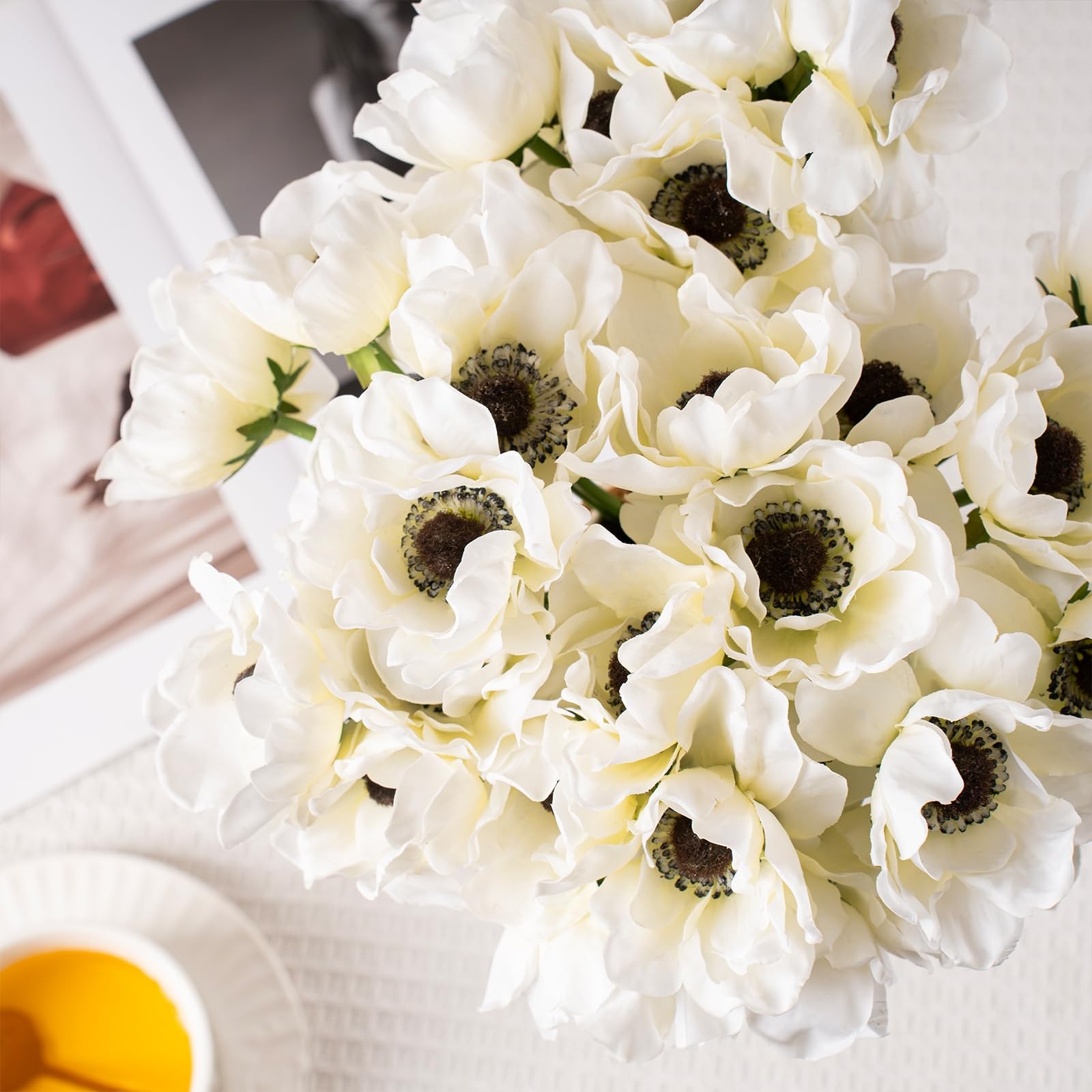 White Anemone Artificial Bouquet, 9 Stems Real Touch Silk Poppy Flowers for D…