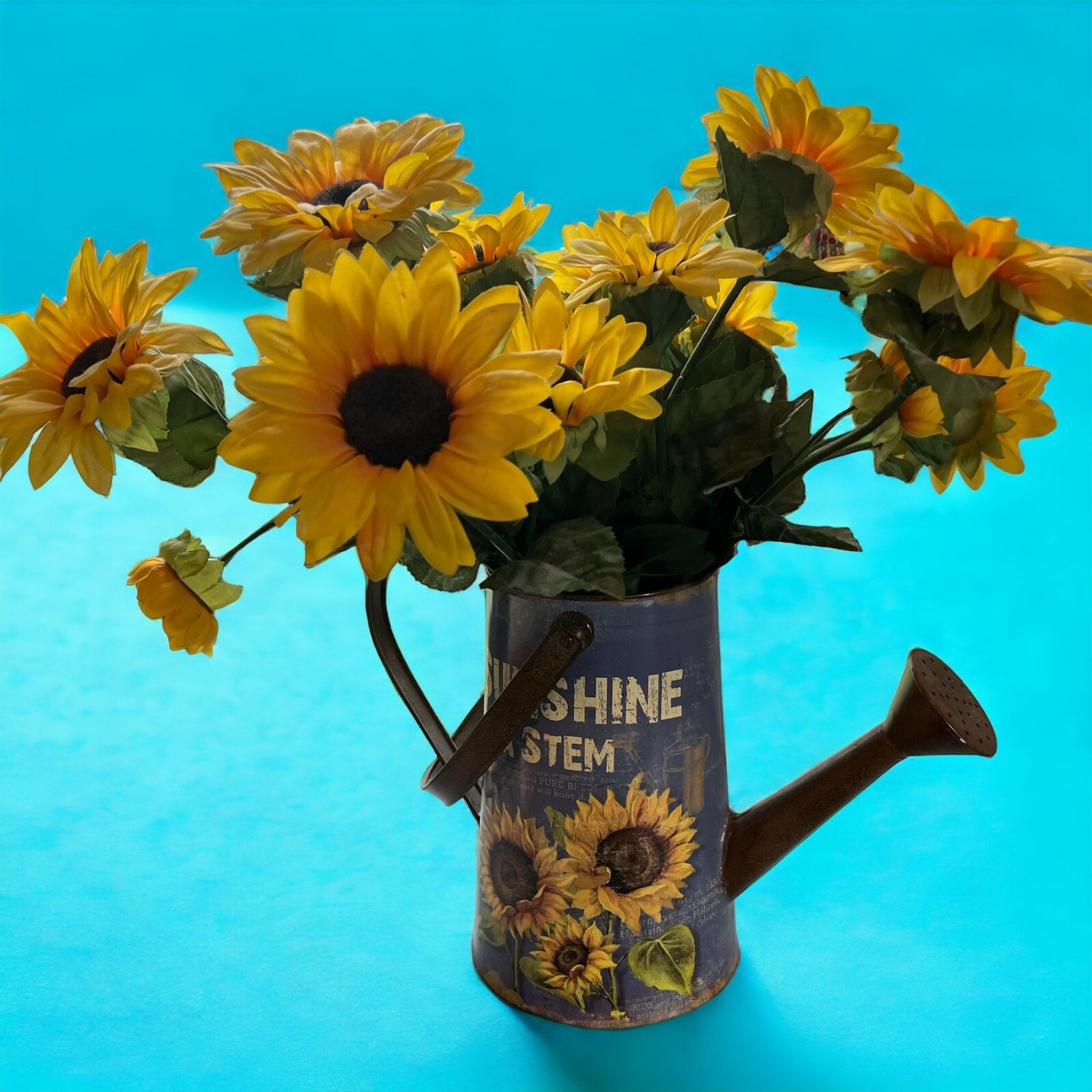 Sunflower Faux Flower Arrangement Metal Watering Can 19″ tall