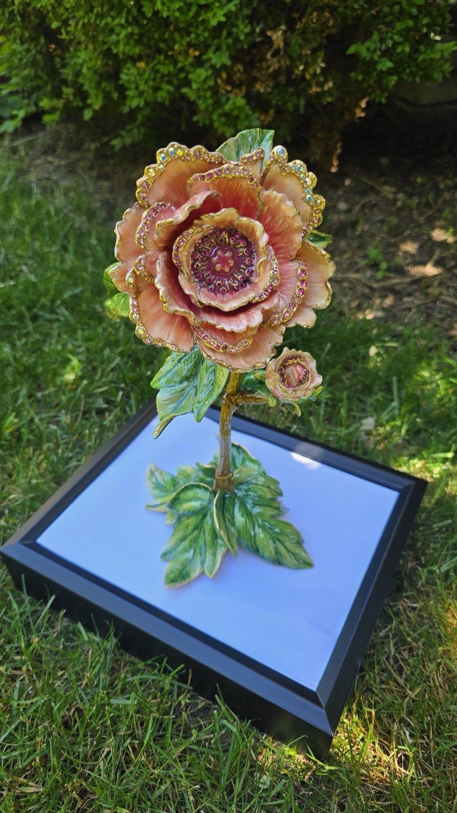 Jay Strongwater Artificial Jeweled Pink Rose Flower Stem Decor Green Leaves Gold