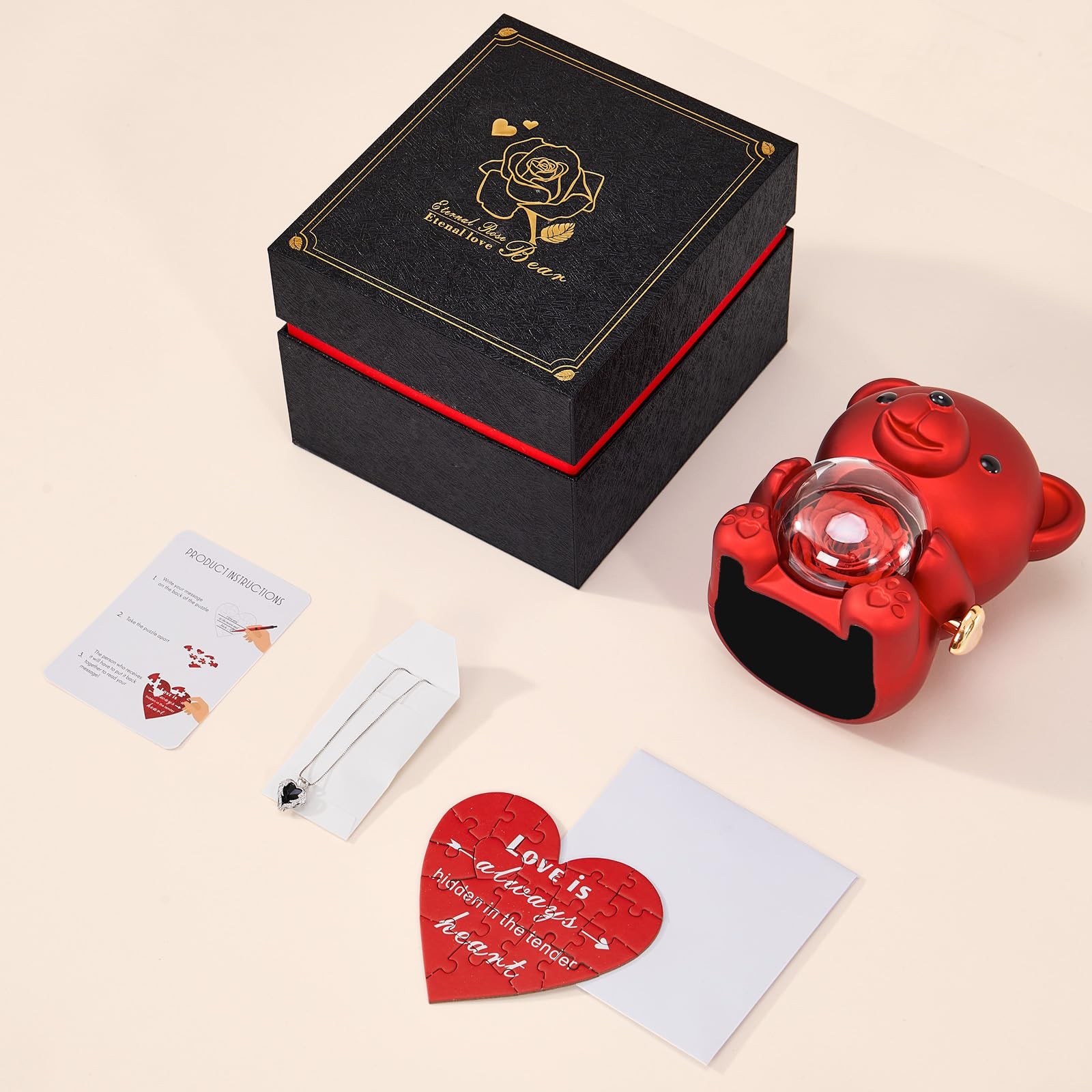 Romantic Teddy Red Bear with Preserved Rose – Real Rose in Elegant Black Gift…