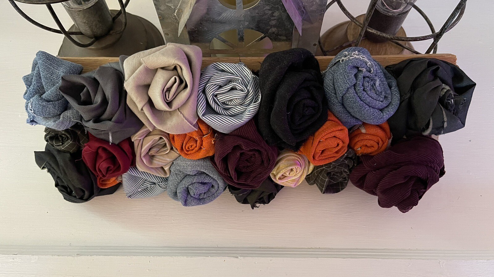 Handmade Decorative Shelf Sitter- Fabric Roses On wood 15 X 6