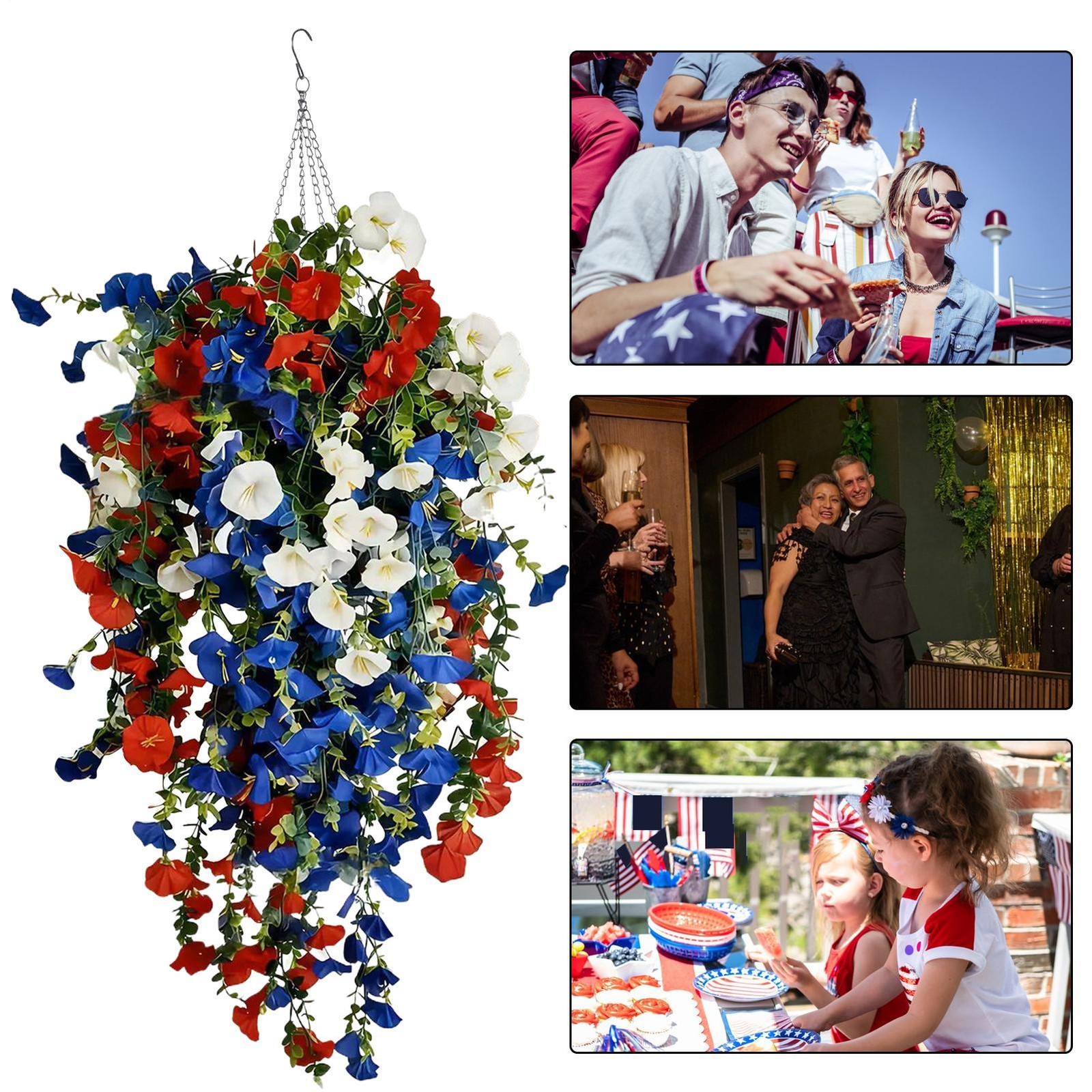 2026 Red White Blue Hanging Flowers Patriotic Faux Basket 4th July Porch Decor
