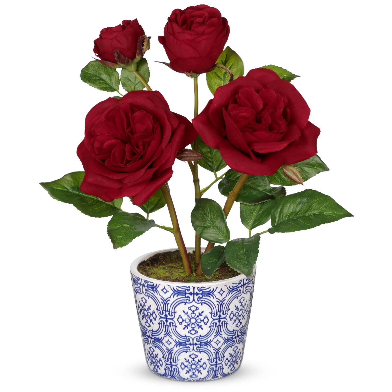 Red Real Touch Roses Artificial Flowers in Vase Blue and White Porcelain Cera…