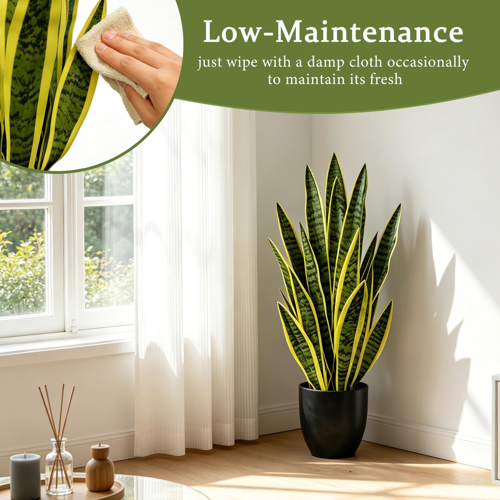 Artificial Snake Plant 2.3FT-2PCS, 27” Sansevieria Plant with Black Pot, Low…