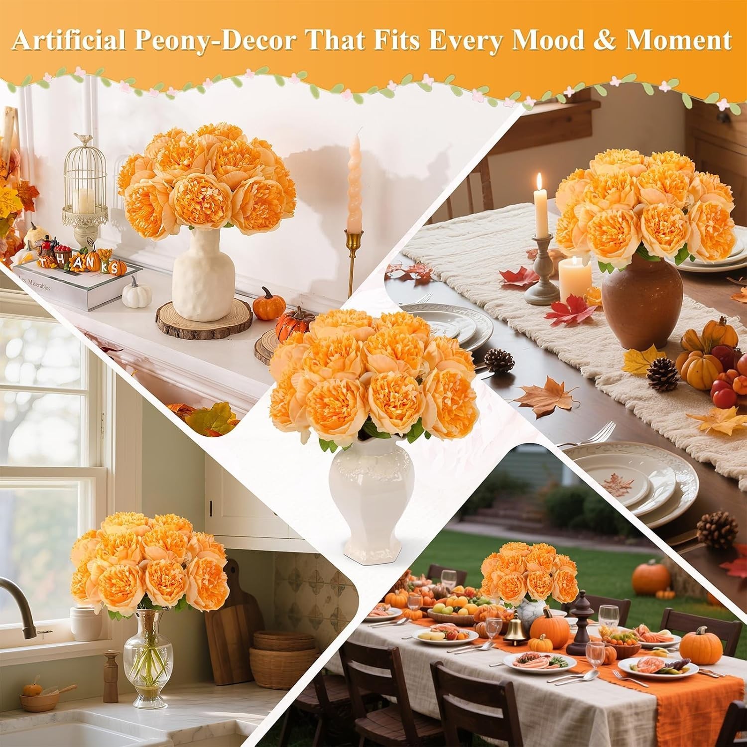 Vivid Orange Artificial Peony Flowers – 10pcs for Elegant Home Decoration
