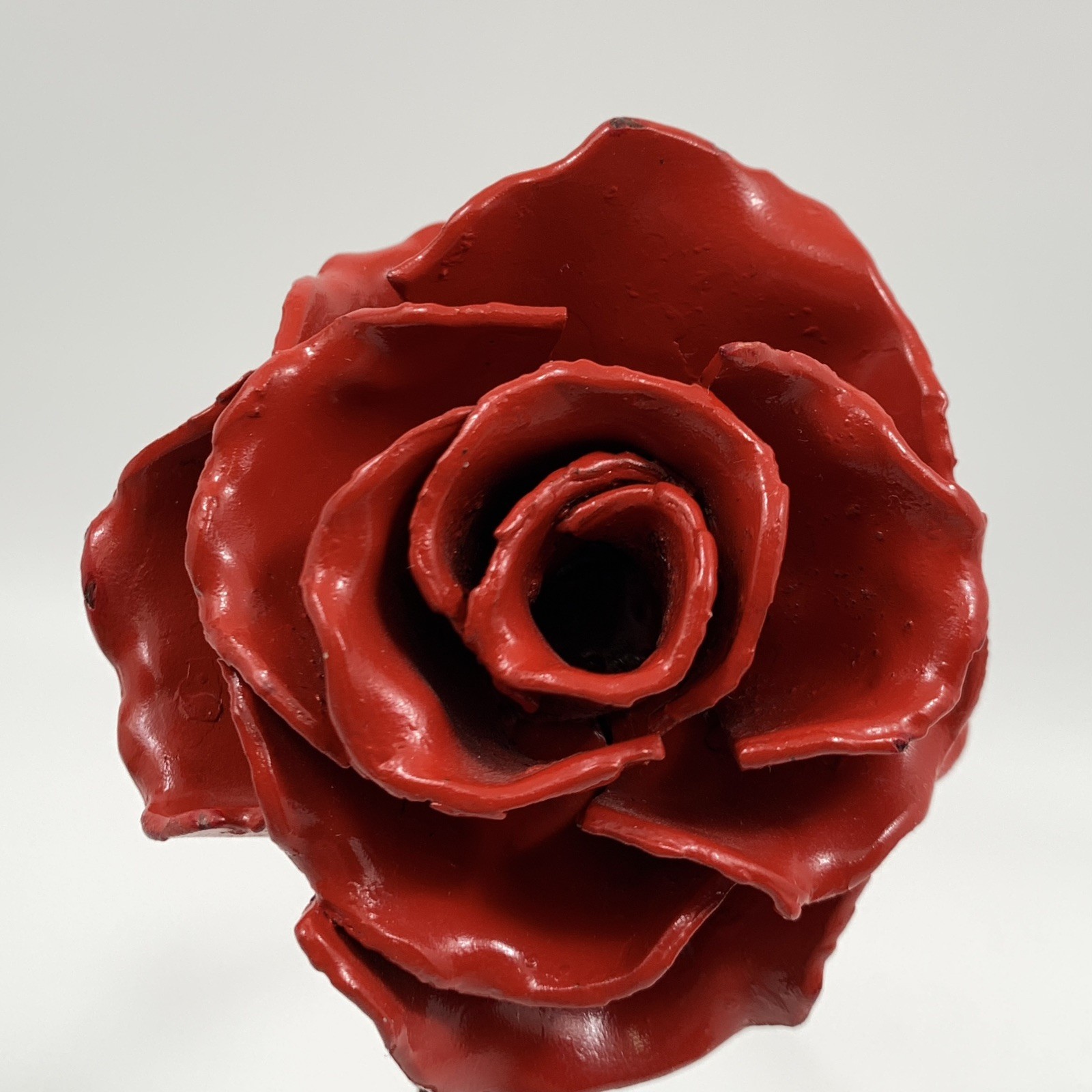 Metal Rose Red & Green Leaves with 13″ Long Stem Hand Forged Wrought Iron Heavy
