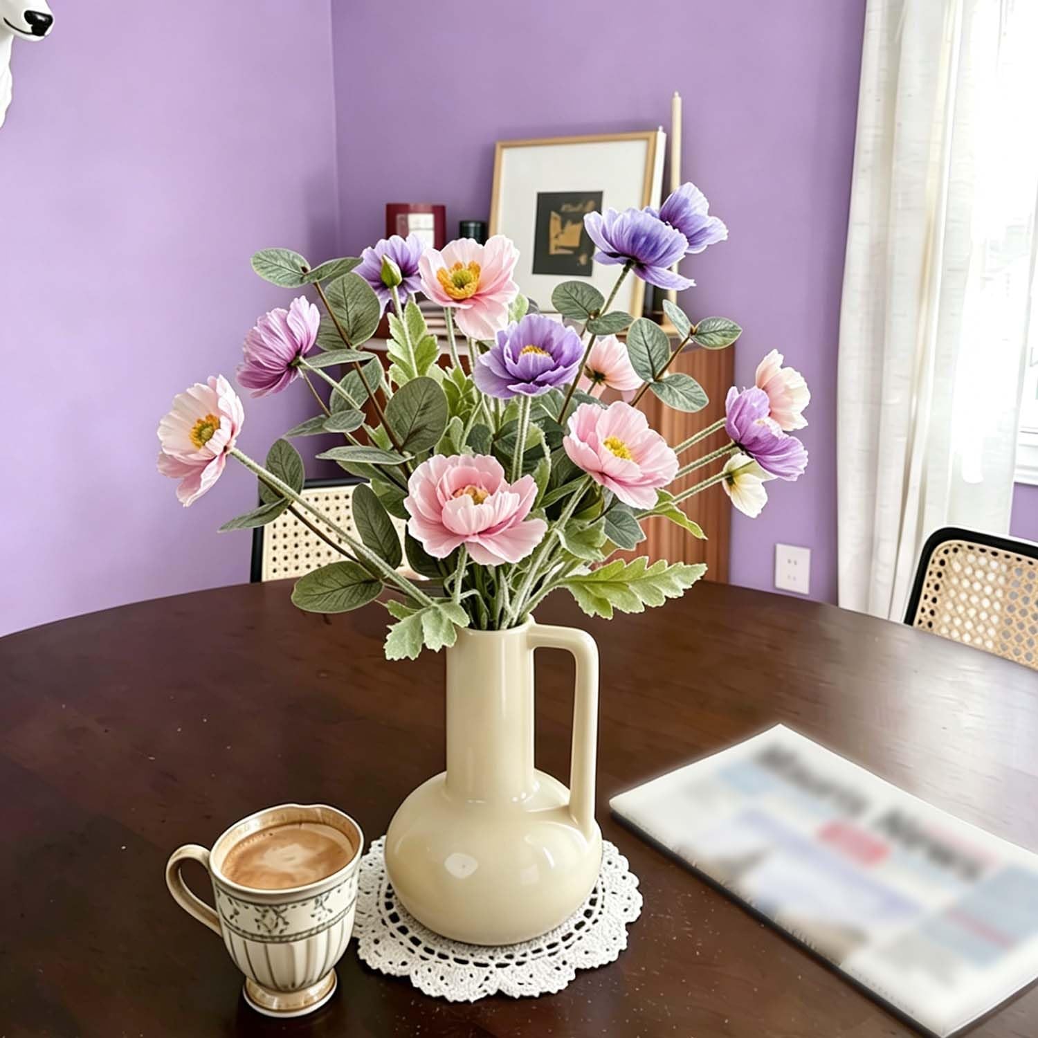 Artificial Poppy Flowers with Eucalyptus Stems, 6pcs Faux Poppy + 2pcs Fake E…