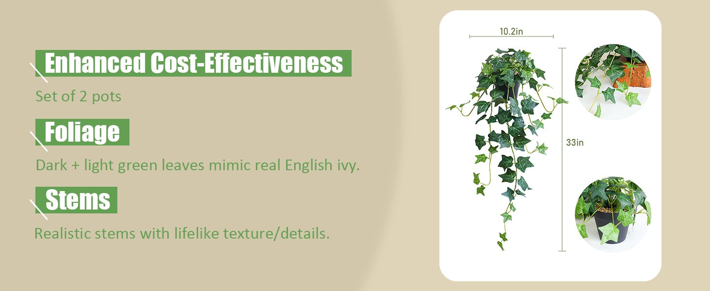 Fake English Ivy Plants in Pots Set of 2 – Realistic Artificial Ivy Greenery for
