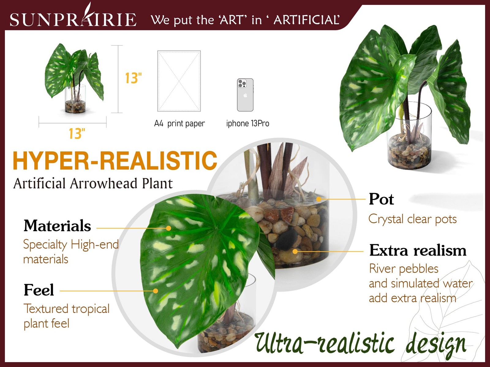 Tropical Artificial Plant in Clear Pot with Artificial Water, Wide Arrowhead …