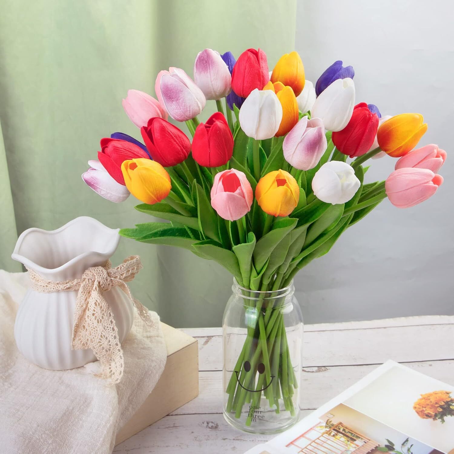 30 Pcs Multicolor Artificial Tulip Flowers Fake Tulips PU Real Multi Color