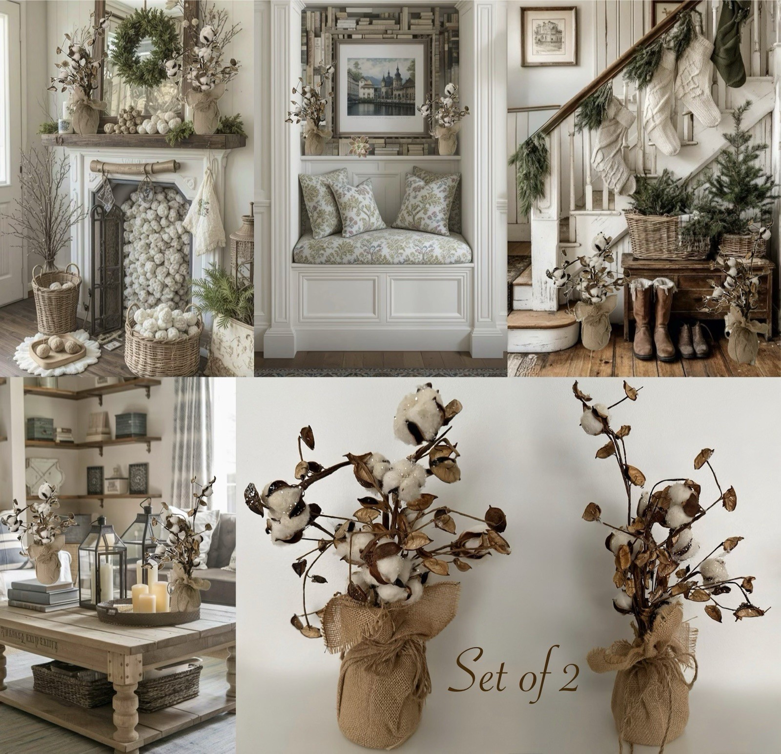 Natural Floral White Cotton Boll Ball Arrangements Southern Farmhouse Home Decor