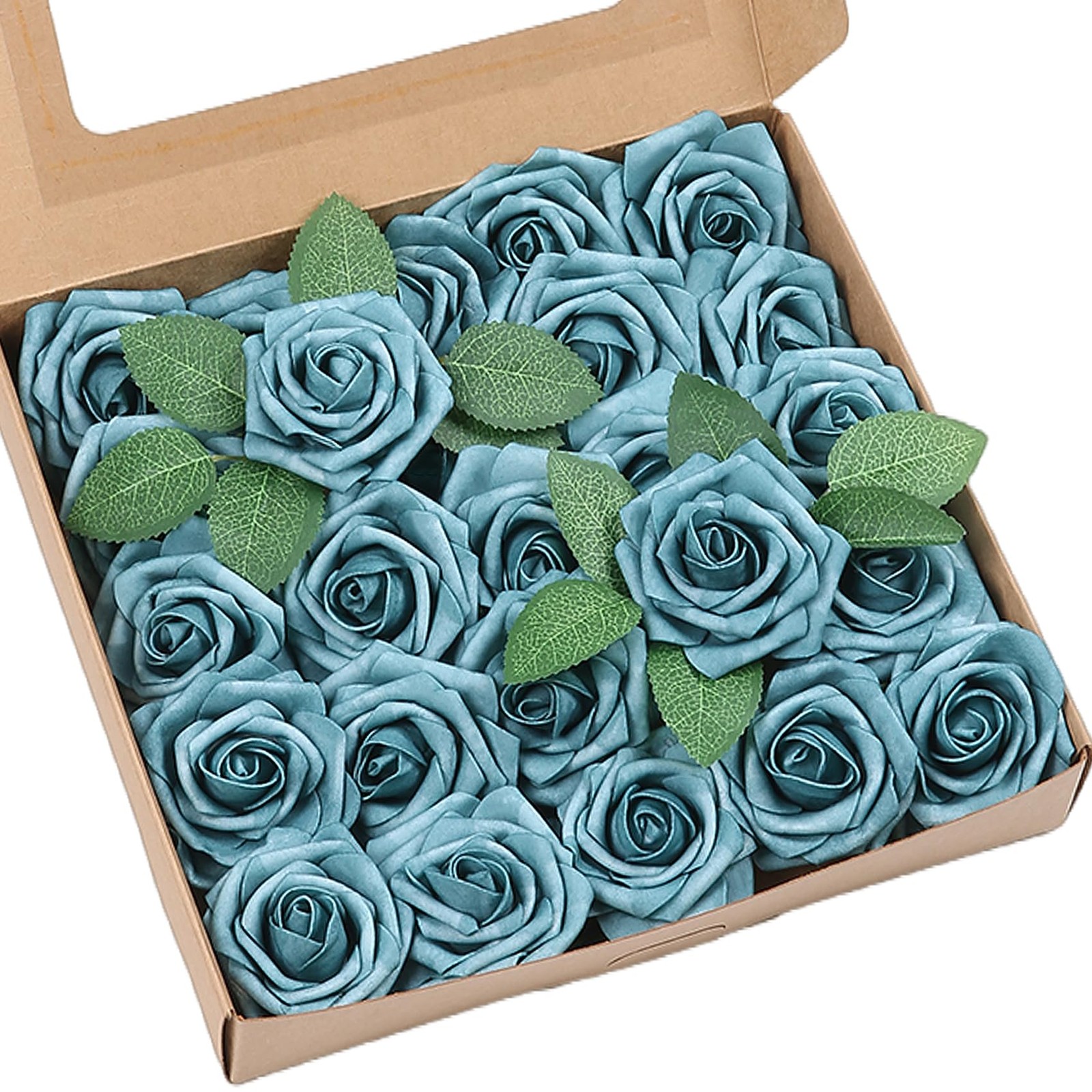 Artificial Flowers 25 Pack Dark Teal Faux Foam Roses with Stems, Real Looking…