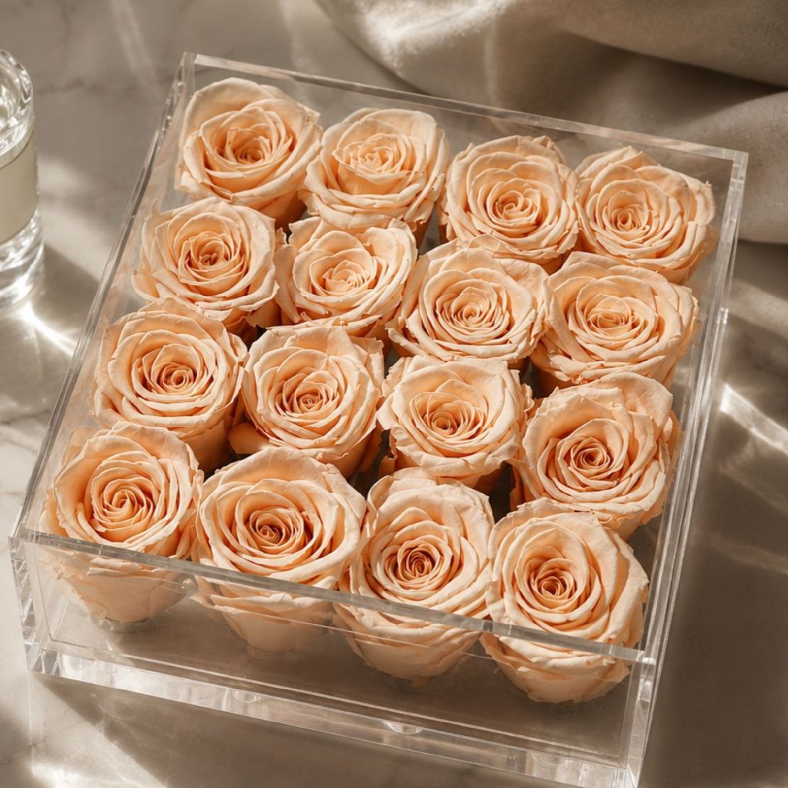16 Preserved Blush Peach Roses in Clear Acrylic Box Luxury Floral Arrangement