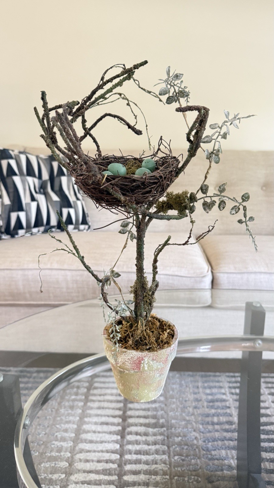 Floral Topiary Arrangement Potted Center Piece With Nest & Robin Eggs