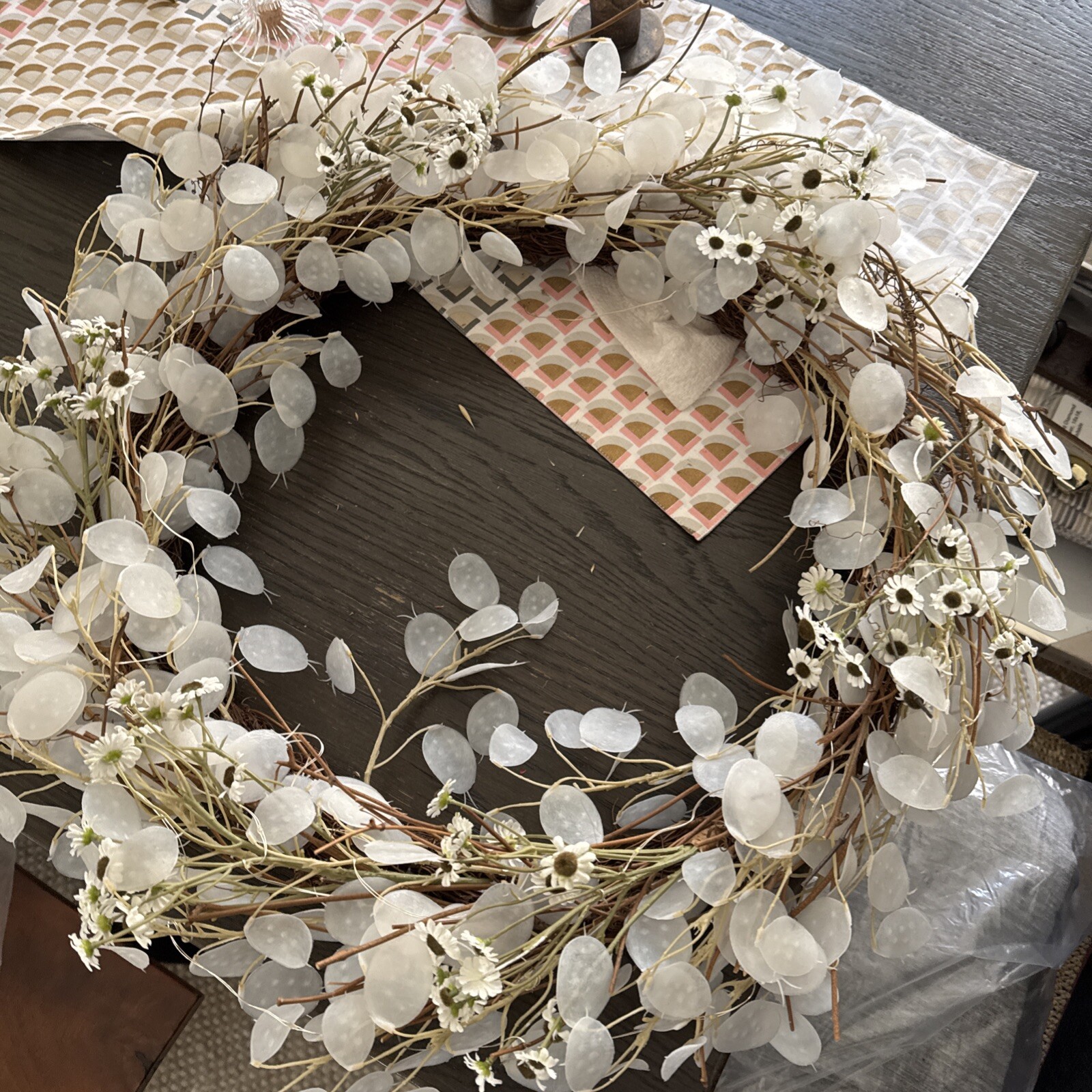 Dried Look Translucent Bleached Lunaria Wreath W/ Lights