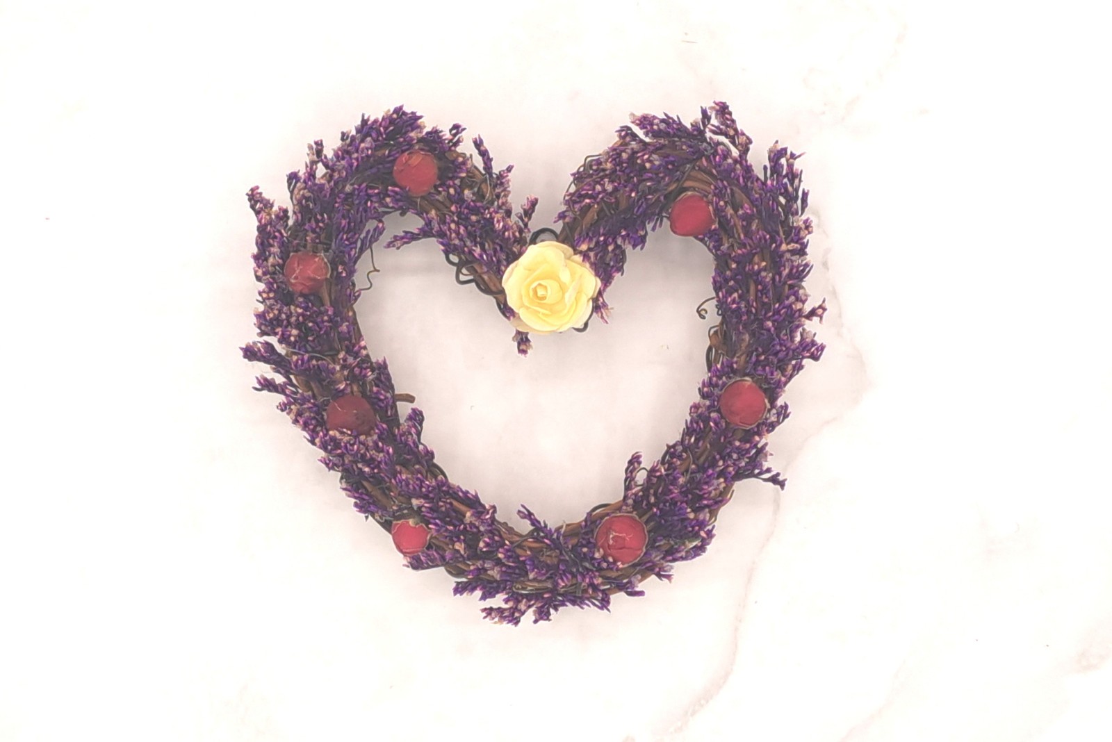 Handmade Grapevine Heart Dried Flower Arrangement – Purple Caspia & Mini Roses