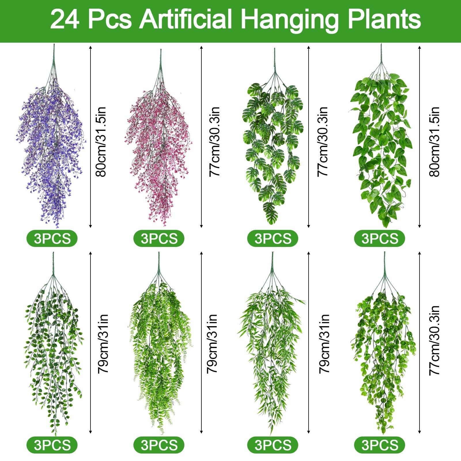Riceshoot 24 Pcs Artificial Hanging Plants 8 Styles Realistic Hanging Fake Pl…