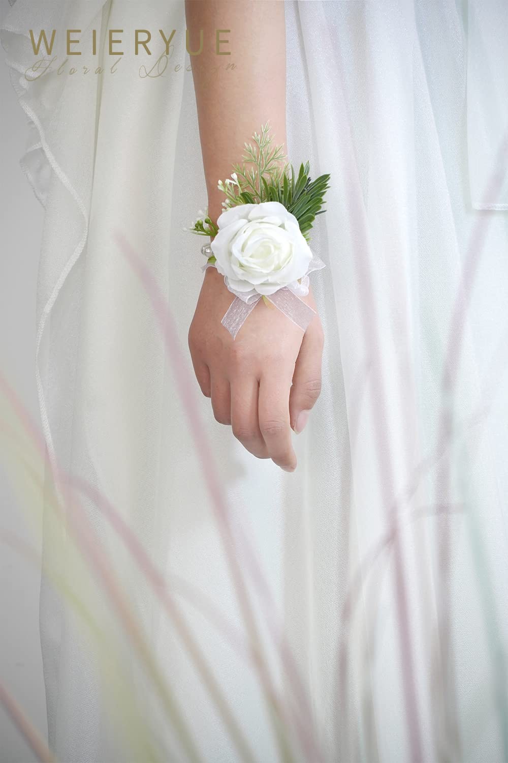2 PCS White Rose Wrist Flower & Mens Corsage Wedding Ceremony Boutonniere