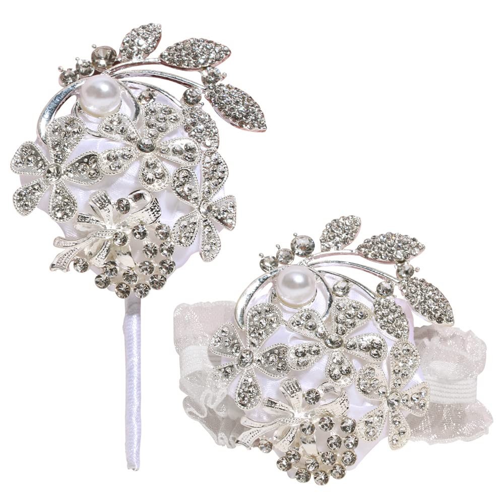 Wrist Corsage Pearl Rhinestone Boutonniere Set Wedding Prom Silver White