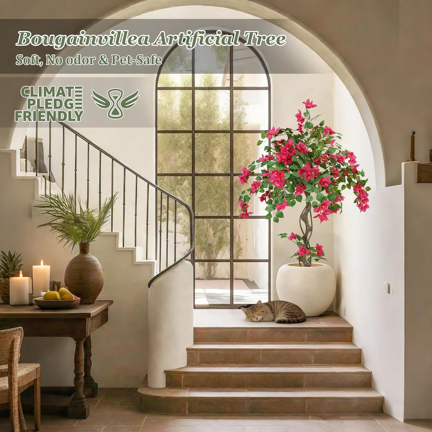 4FT Artificial Bougainvillea Tree with Realistic Pink Silk Flowers, Tall Faux Fl