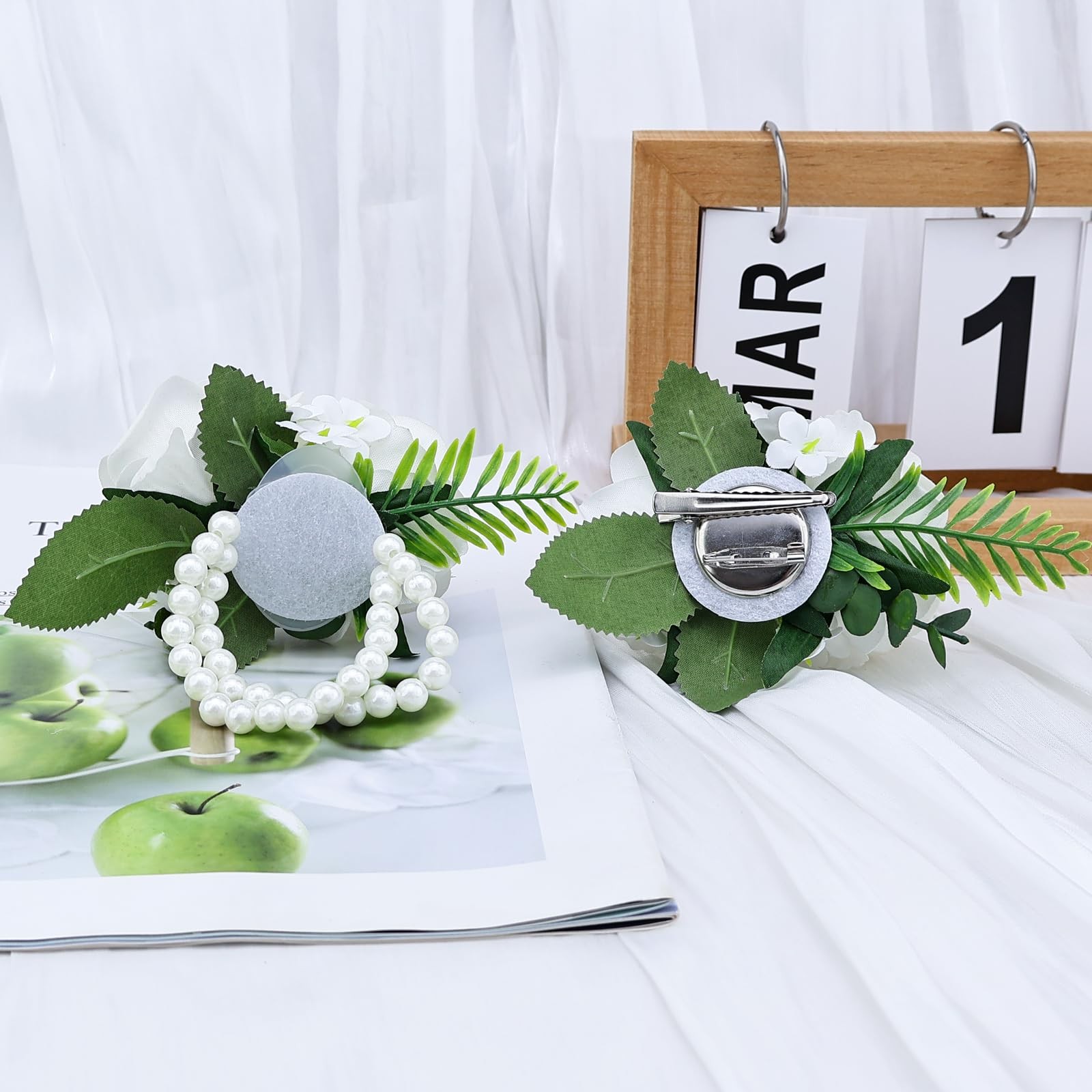 2Pcs White Artificial Rose Wrist Corsage Wristlet Band and Boutonniere Set, f…