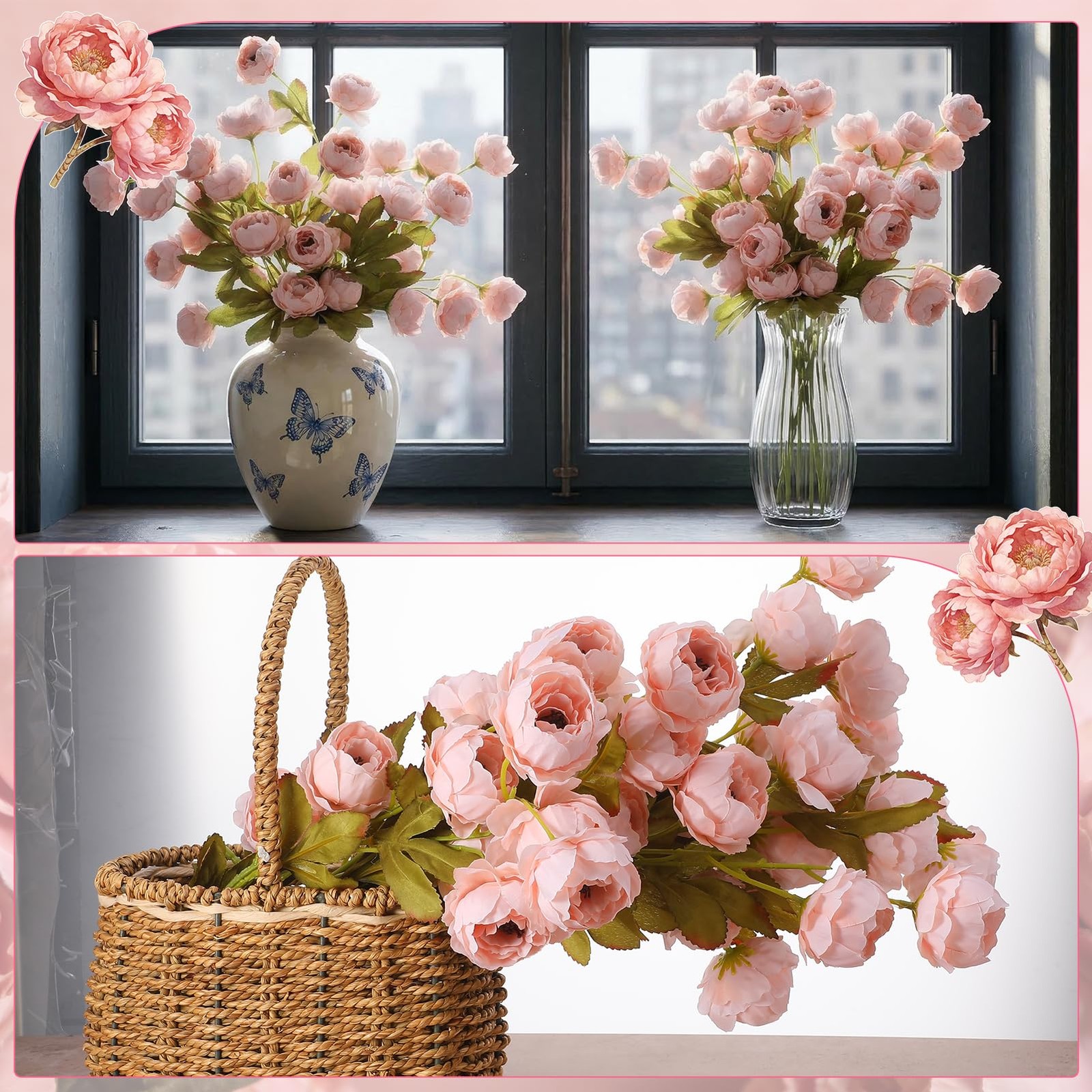 8 Pcs Faux Peony Flowers with Stems, Champagne Pink Artificial Silk Peonies, …