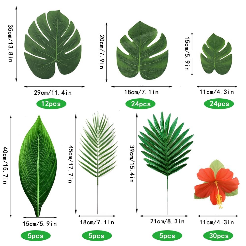 105Pack Artificial Palm Leaves Hibiscus Flowers Tropical Party Decorations Su…