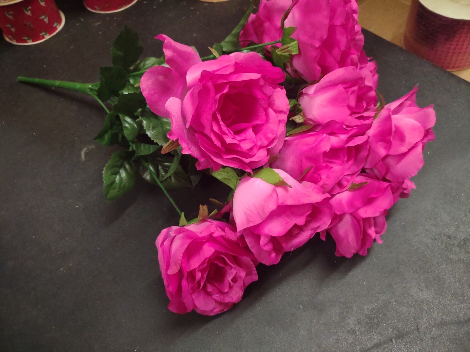 Big Mixed Pearl Rose Bush, Fuchsia Hot Pink Silk, 5″ Large Roses, 12 Stems